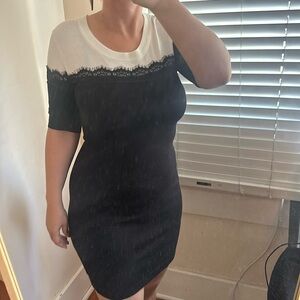Allison Brittney Colorblock Black & White Sheath Knit Dress Lace Trim 1/2 Sleeve